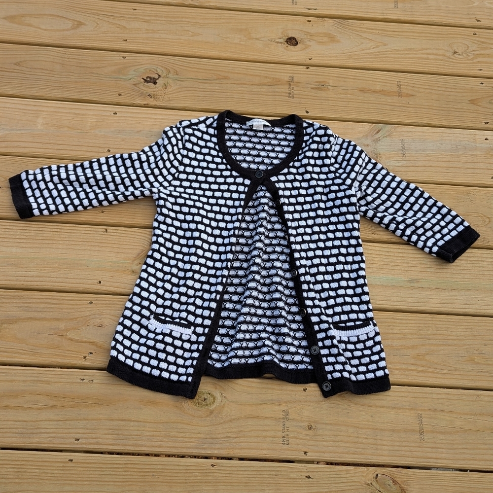 Christopher & Bank L 3/4 Sleeve Cardigan Sweater Black White Geometric